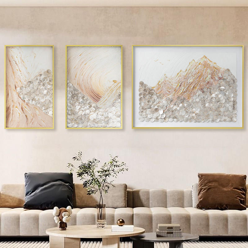法式手绘艺术油画客厅沙发背景墙风景贝壳画高档装饰三联挂画壁饰图片