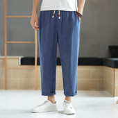 夏装 男 中国风竖条纹透气直筒裤 新款 亚麻七分裤