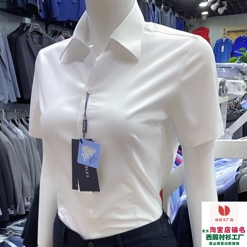 轻奢高货V领短袖白衬衫女职业暗扣夏季薄款免烫竹纤维上班面试单