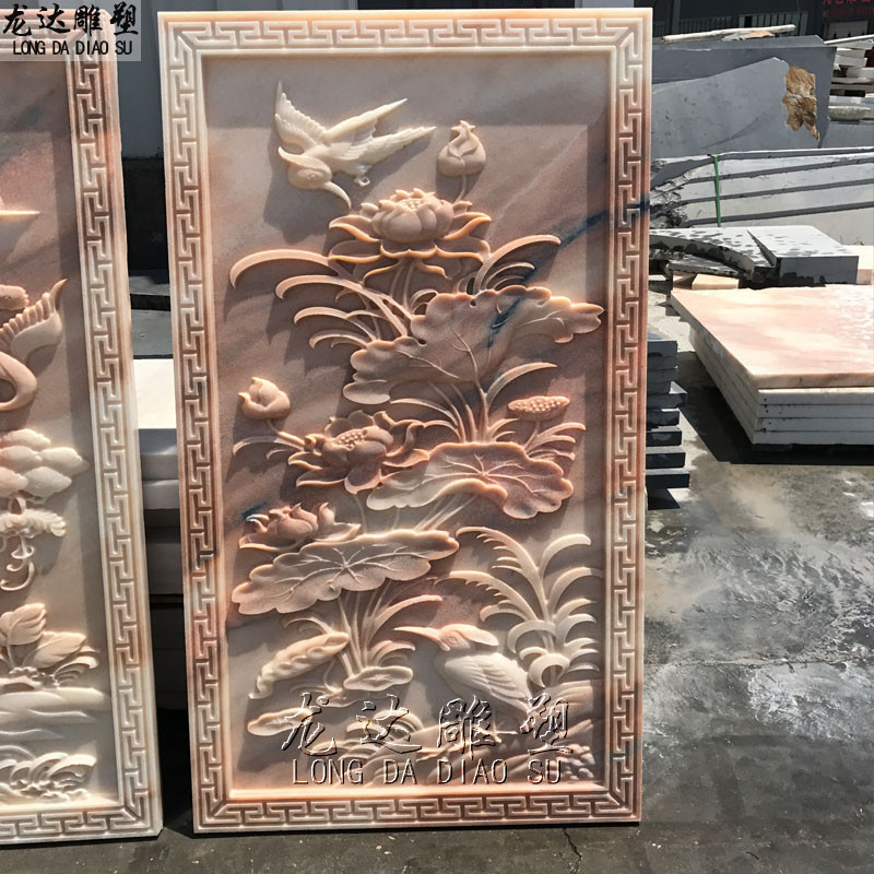 石雕浮雕松鹤延年墙壁画背景墙装饰红雕刻荷花鸟鸳鸯图案屏风晚霞图片