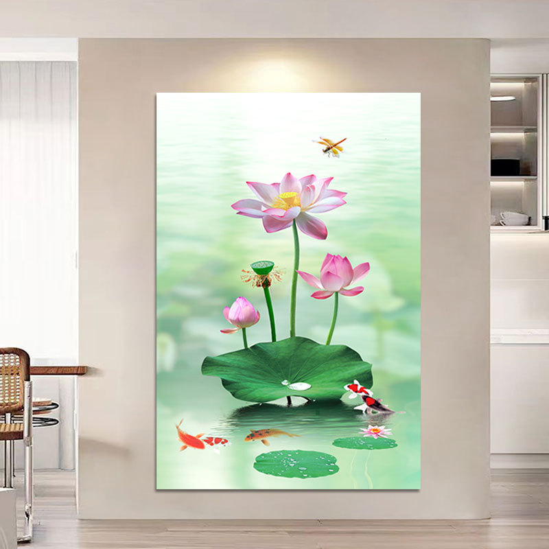荷花装饰画进门入户玄关竖版挂画新中式客厅走廊过道墙画壁画自粘图片