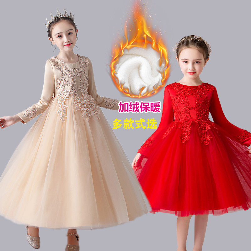 小花童礼服女秋冬装儿童钢琴主持人演出服女童加绒公主裙女孩裙子