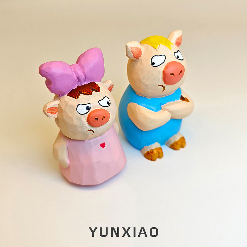 闹情绪拽拽的情侣小猪手工木雕桌面卡通小摆件可爱趣味创意送礼物