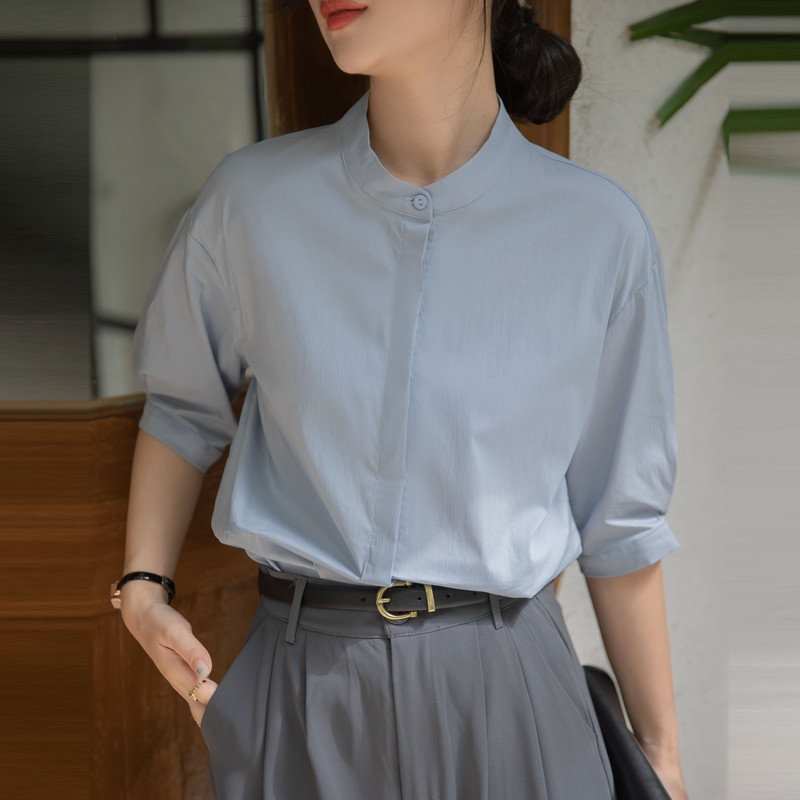 轻奢高货立领蓝衬衫女夏短袖职场通勤穿搭衬衣教资面试职业正装工