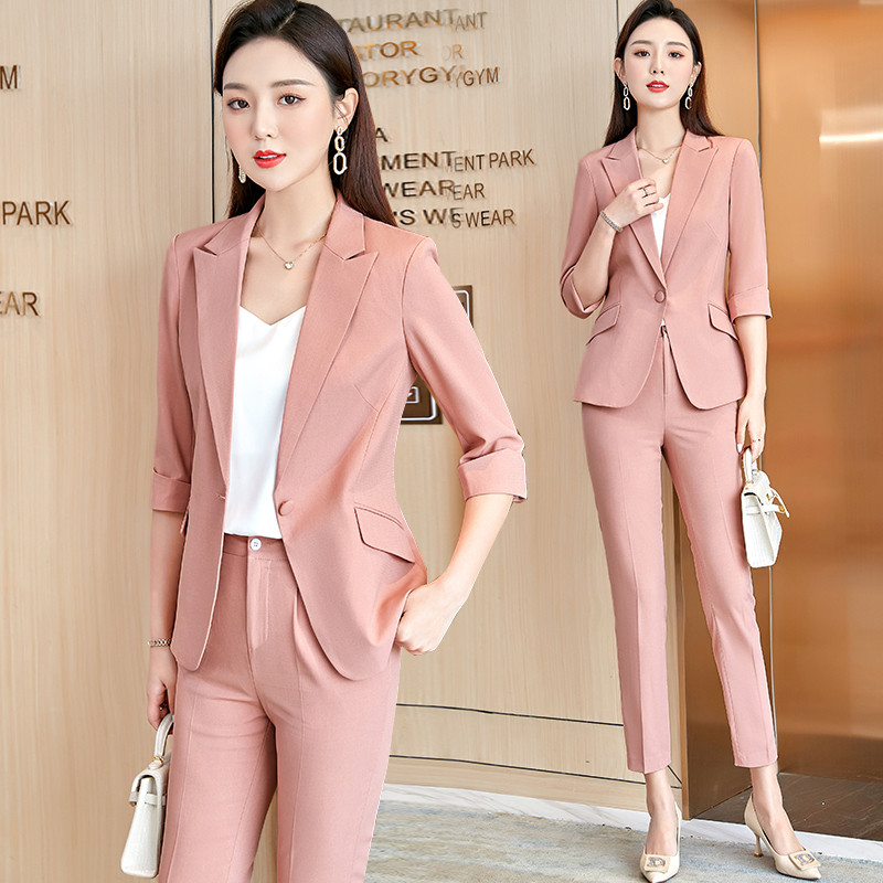 现货粉色新款小个子西装套装女夏薄款时尚休闲女士职业西服套装两