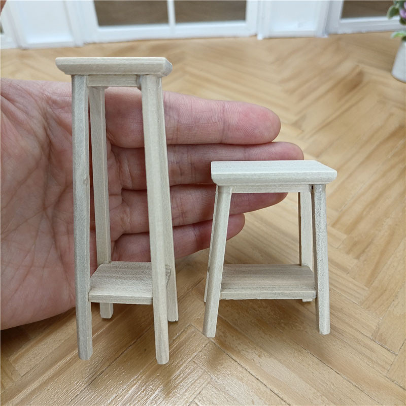 1:12ob11娃娃屋迷你家具木制diy素坯盆景架花架简约高脚凳子模型