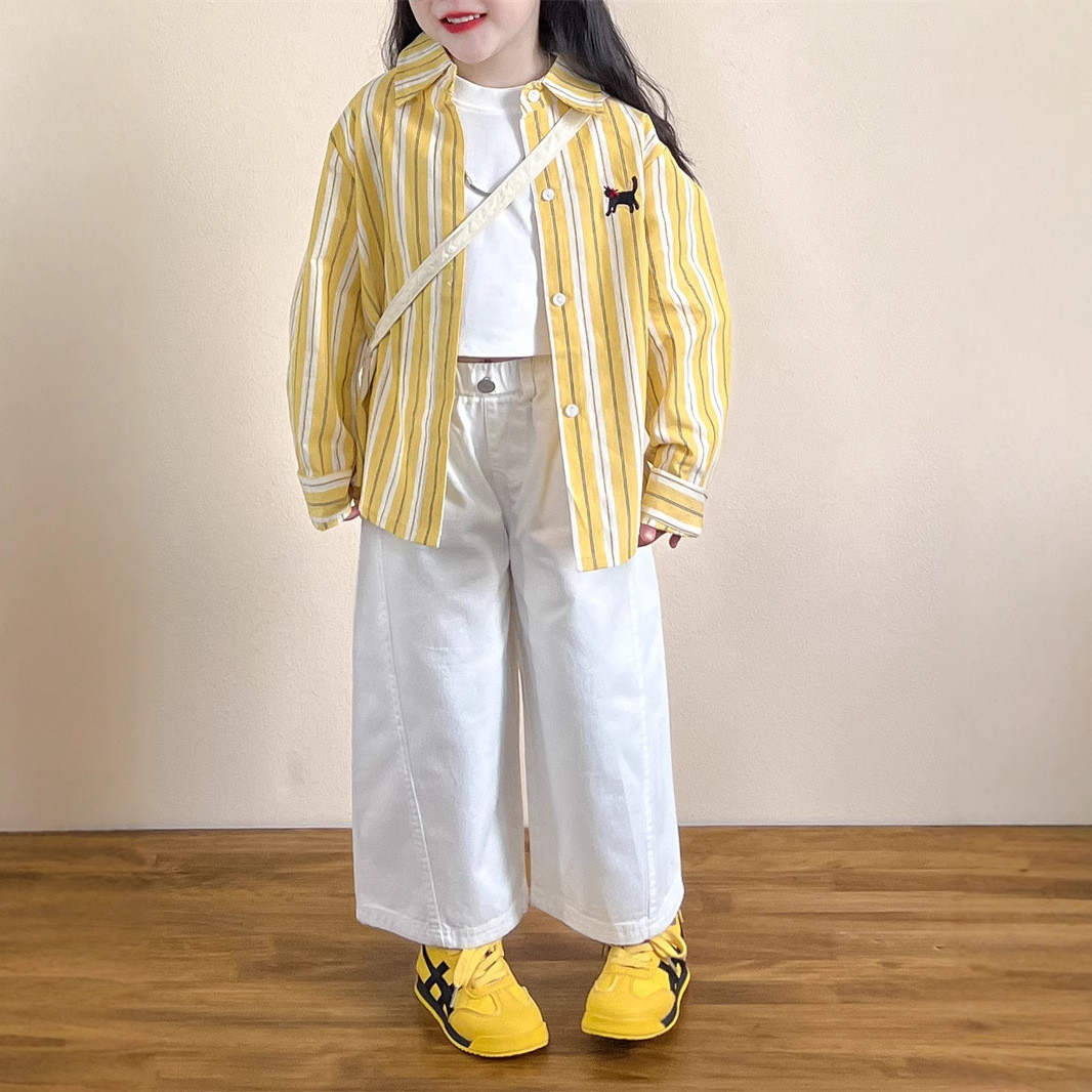 韩版童装女童衬衫2025春款小清新刺绣小狗黄色条纹长袖衬衣上衣潮