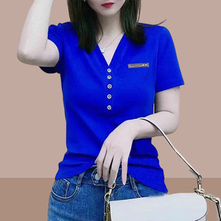 显瘦上衣服爆款 条纹短袖 t恤女V领修身 洋气减 女装 2025夏季 新品 新款