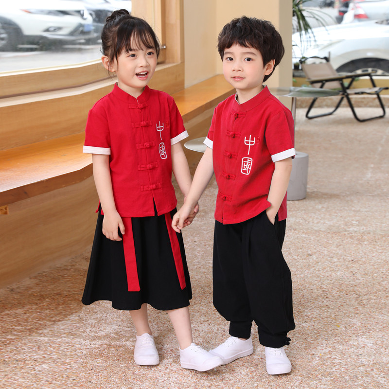 儿童套装幼儿园国学表演服男童红色唱服武术服夏