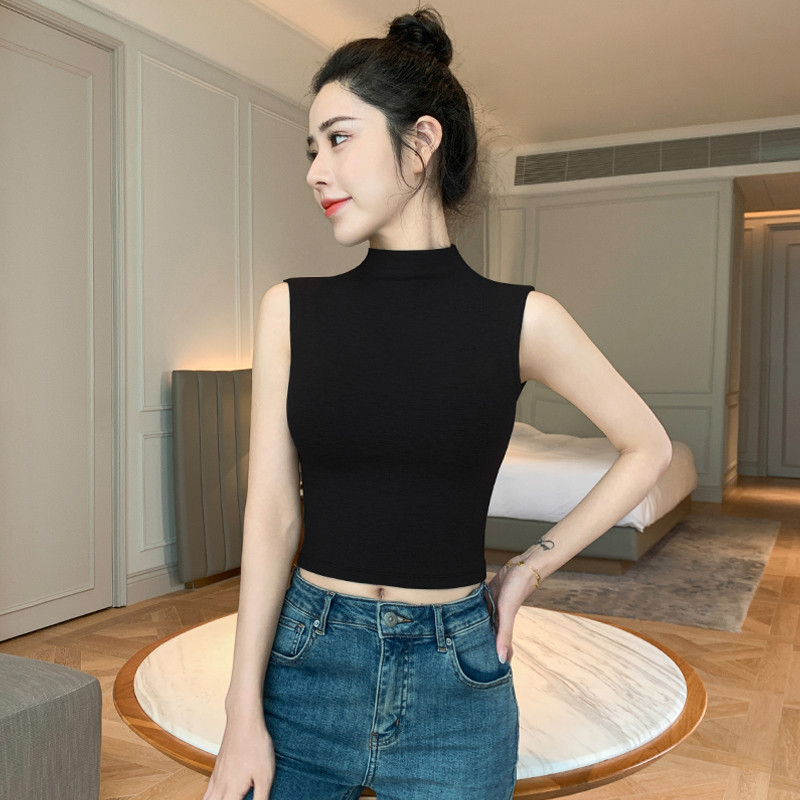 现货黑色半高领背心女夏外穿2025新款无袖吊带打底内搭针织短款上