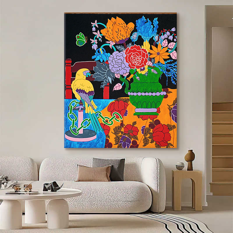 多巴胺中古花卉手绘油画马蒂斯小众装饰画客厅餐厅挂画玄关丙烯画图片