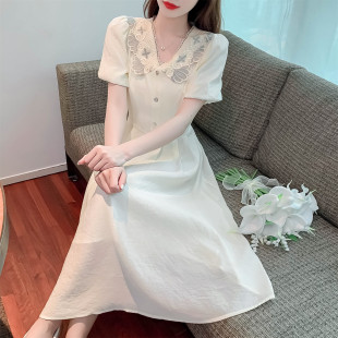 长 高货法式 设计感蕾丝刺绣领连衣裙女2023新款 时尚 气质女神范修身