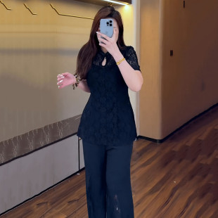 速发高品质大码新中式套装短袖上衣黑色裤子两件套女夏季胖mm显瘦