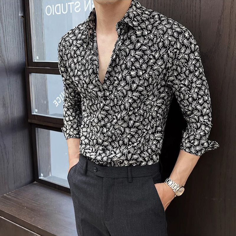现货英伦雅痞男装高级感法式方领印花衬衫男长袖时尚潮流商务休闲