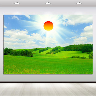 蓝天白云红太阳贴画辽阔草原绿色草地意境风景画客厅卧室书房自粘