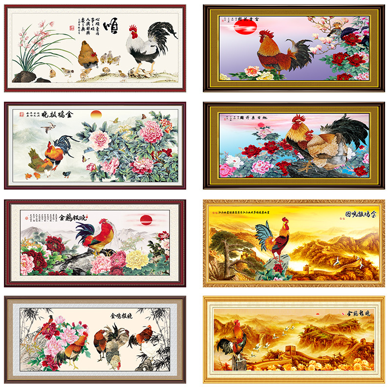 金鸡报晓花开富贵客厅沙发挂画大公鸡墙画背胶自贴布画群鸡觅食图