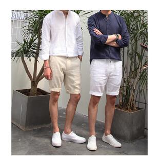 夏季亚麻料 白色透气薄款中裤大码宽松五分裤休闲西裤男