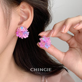 渐变紫色串珠绣球花朵耳环法式 度假风耳夹独特漂亮超仙小清新耳饰