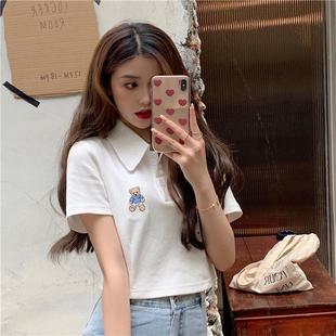 小个子宽松露脐短款 新品 女2025新款 白色小熊polo领正肩短袖 t恤衫