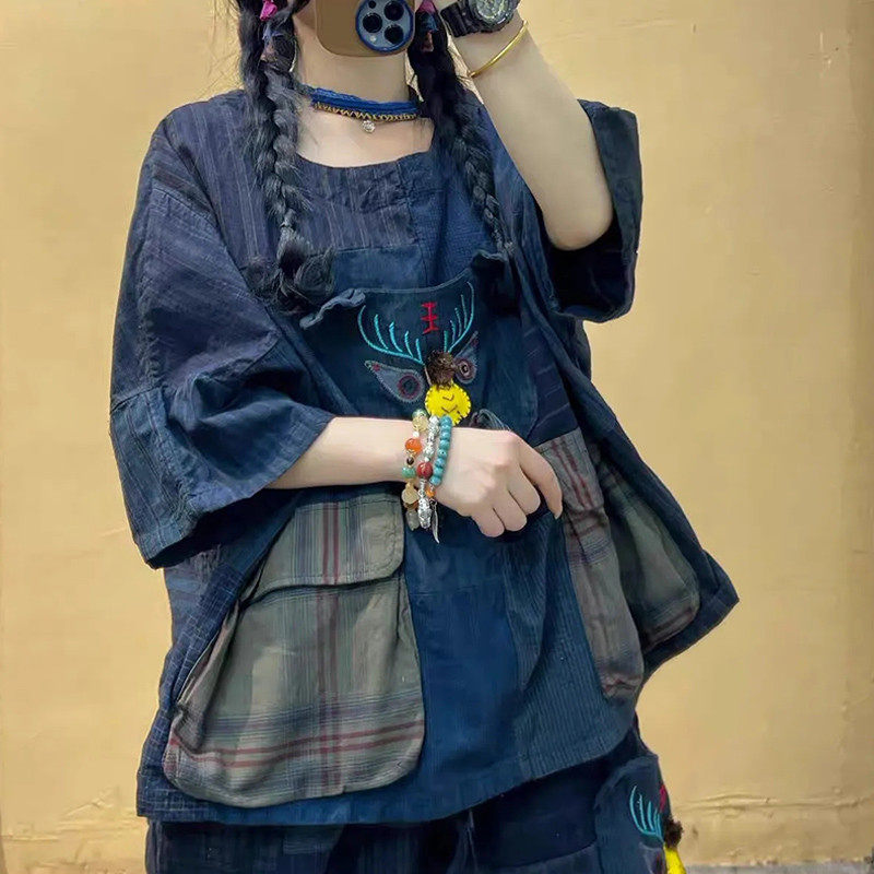 高货速发复古亚麻套装女夏季2025新款大码女装宽松上衣民族风阔腿