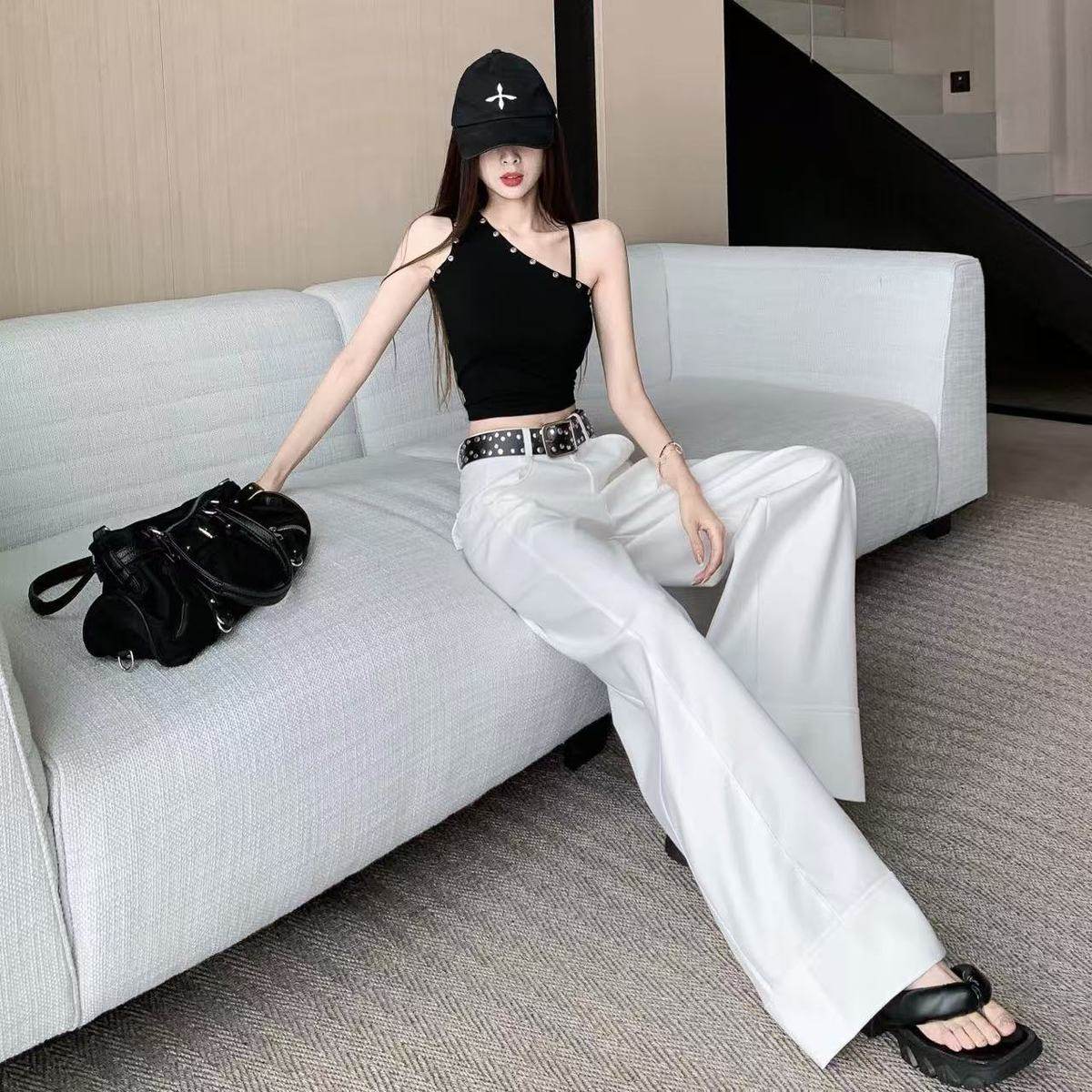 速发高级感白色西装阔腿裤女夏ins潮宽松直筒设计感高腰裤垂感拖