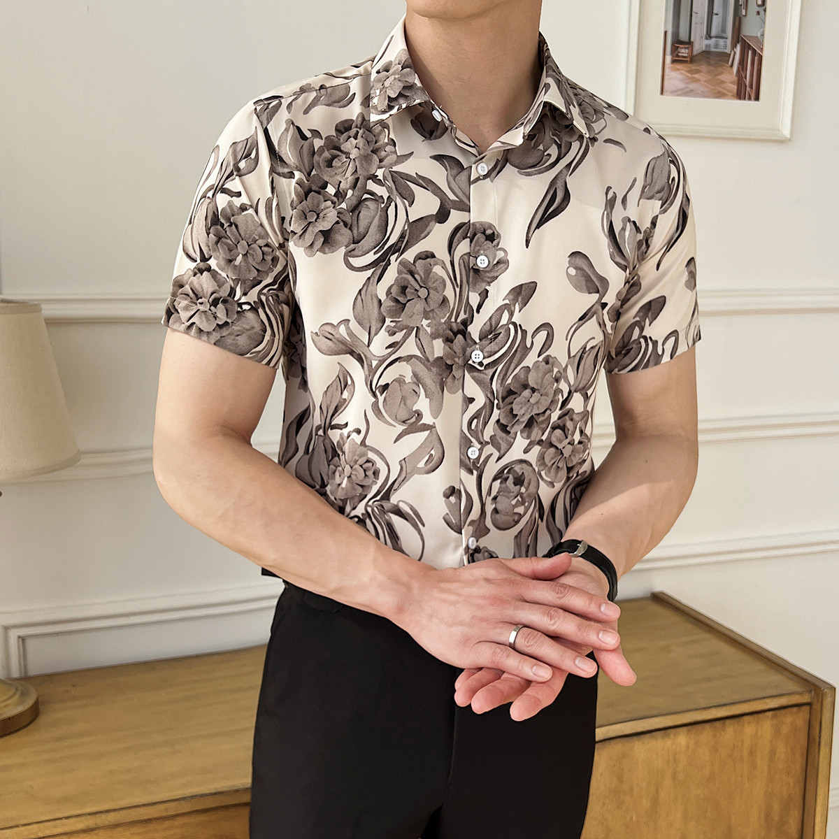 好货绅士风印花衬衫男短袖夏季薄款时尚潮流帅气休闲商务百搭抗皱