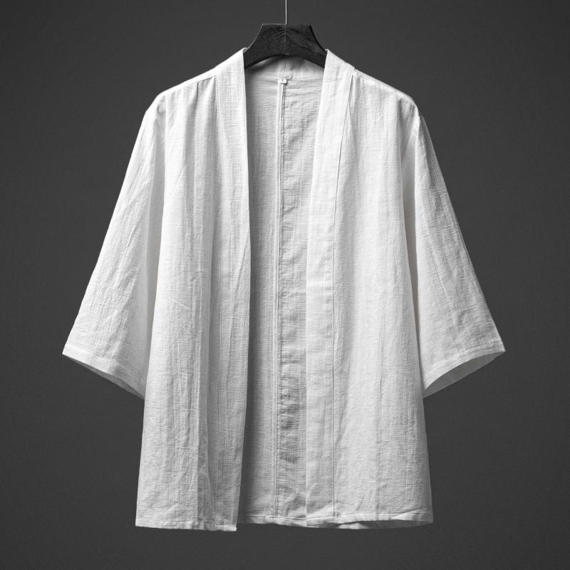 推荐中国风男士亚麻汉服复古开衫古风男装宽松大码七分袖棉麻道袍