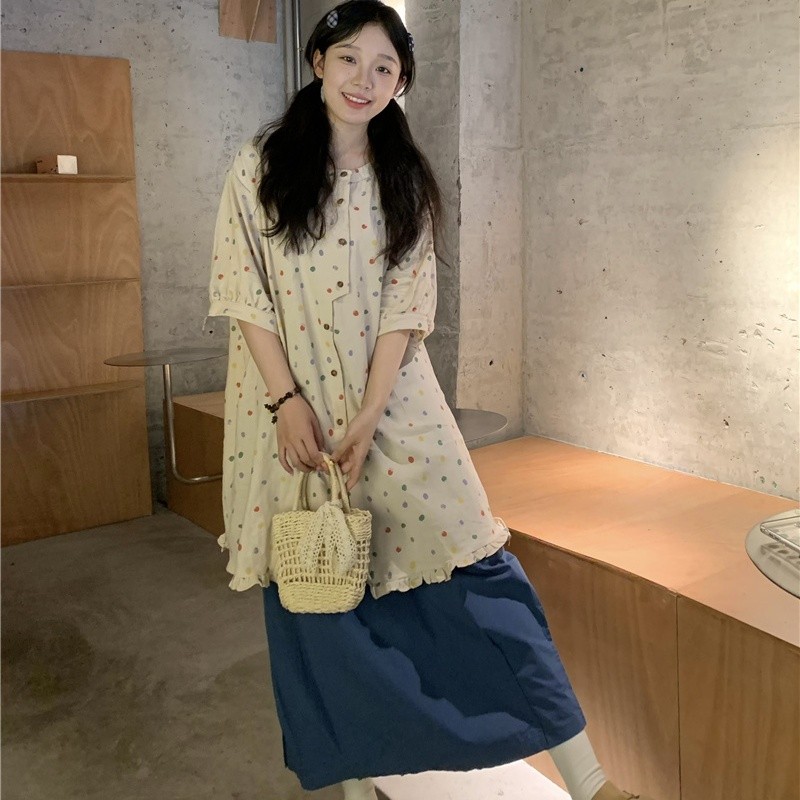 大码胖mm韩系复古彩色波点短袖衬衫裙女装百搭藏青半身裙两件套装