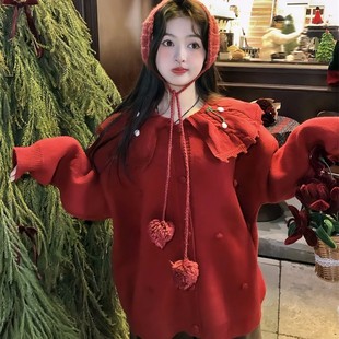 寬松開衫 大碼 胖mm圣誕新年款 重工鉤花娃娃領毛球加厚毛衣外套女裝