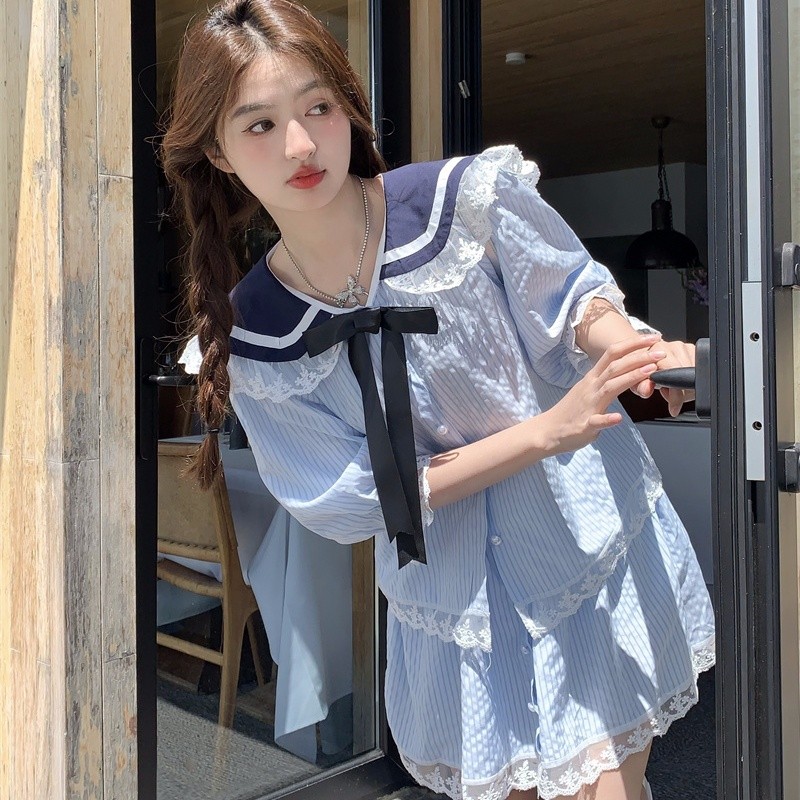 大码女装胖mm韩系甜美套装女撞色海军领短袖衬衫花边半身裙两件套