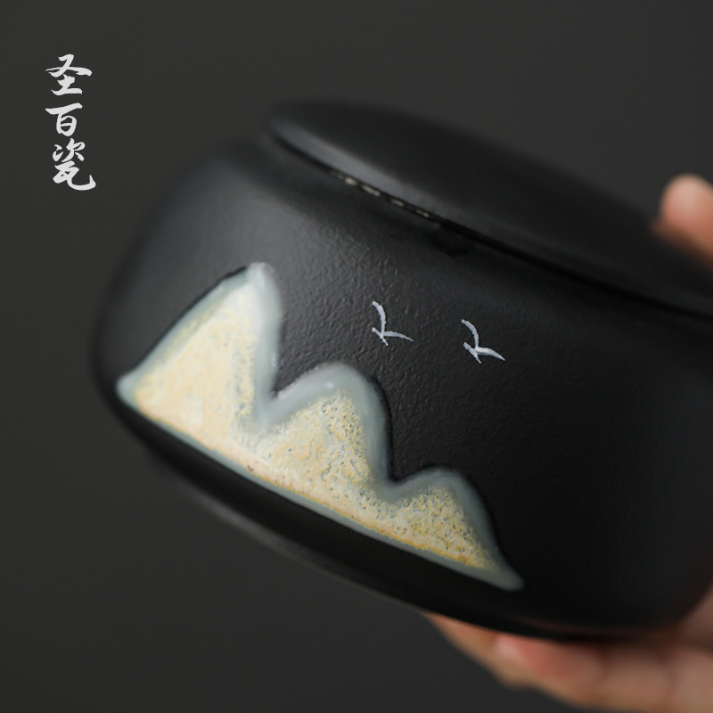锦绣山河粗陶茶叶罐小号陶瓷手绘密封罐家用存茶储罐子防潮茶仓盒