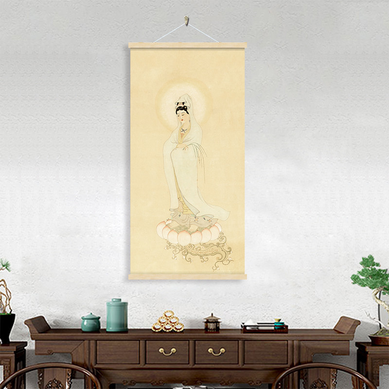 观音佛像挂画观世音菩萨画像布艺装饰画佛堂玄关画供奉家用客厅图片