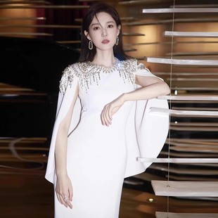 新品白色主持人晚礼服女2025新款名媛气质高端歌手演出服端庄大气