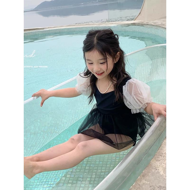 女童连体网纱黑色泳衣夏季2025新款儿童女宝宝网红比基尼游泳服潮