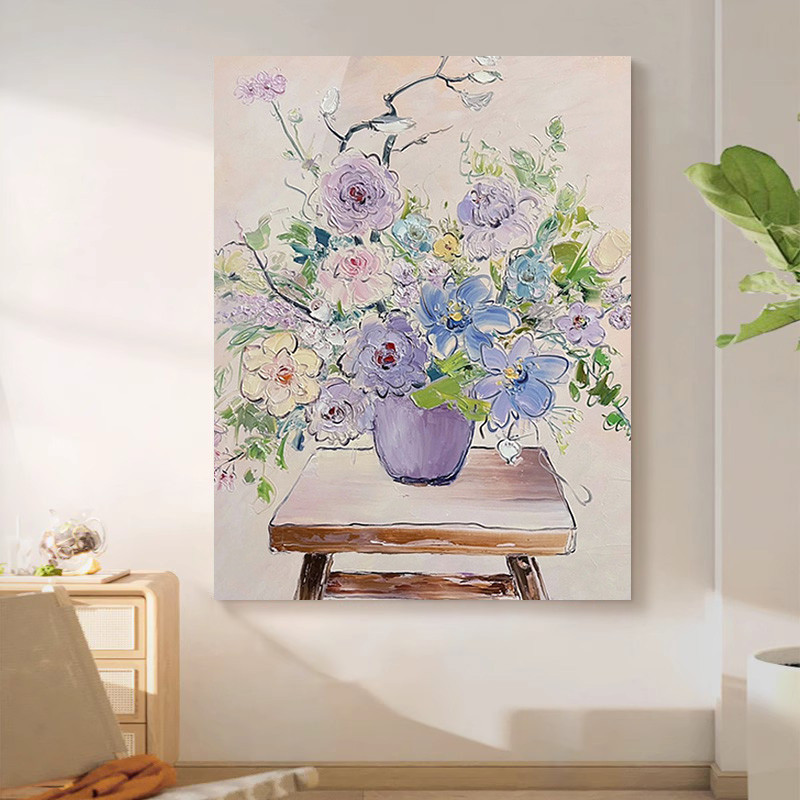 大芬村奶油风纯手绘油画客厅花卉丙烯画玄关肌理画卧室装饰画挂画图片