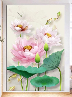 荷花荷叶莲子九鱼镇宅招财玄关走廊过道绿色植物自然风景自粘墙画