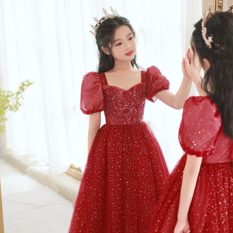 红色礼服女童高端公主裙儿童主持人小花童婚礼钢琴演奏演出服春季