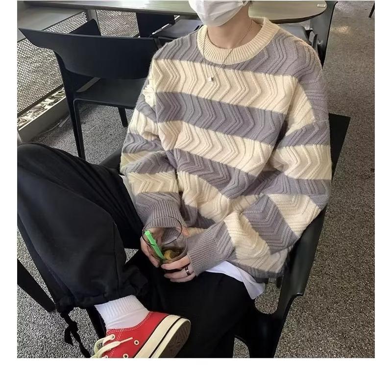 冬季潮流长袖宽松不规则竖毛衣纹男士高级感撞色条纹圆领套头线衣