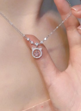 S999纯银粉色小猫咪锆石项链女轻奢小众甜美锁骨链送闺蜜生日礼物