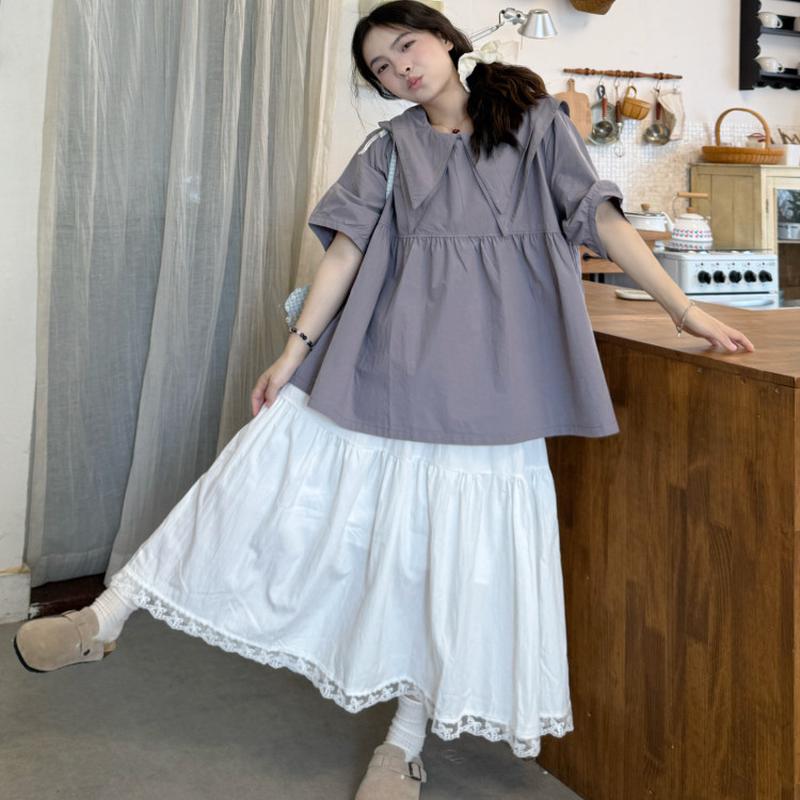 大码胖mm韩系复古双层娃娃领短袖衬衫女装叠穿蕾丝拼接半身裙套装