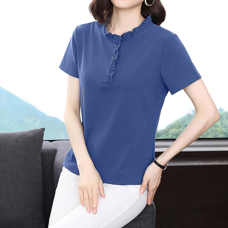 新品立领短袖纯棉T恤女2023新款夏装中年妈妈宽松大码洋气女士上