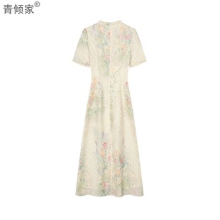 设计感烧花显瘦改良旗袍气质长裙夏季 青倾家粉黛花墙新中式 日常