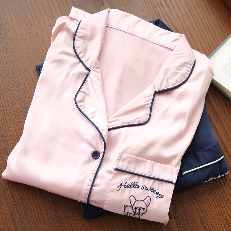 春夏季情侣冰丝睡衣高级感丝绸薄款休闲长袖女男士家居服两件套装