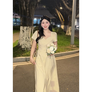 连 高货大码 显瘦休闲气质长裙子女夏微胖mm女装 高级感法式 方领短袖