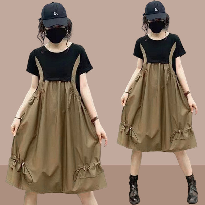 大码小个子女2025夏季新款洋气质减龄背带裙拼接假两件