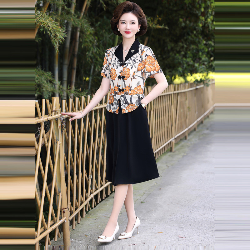 中老年妈妈宽松夏季新款连衣裙翻领母亲装假两件套连衣裙短袖时尚