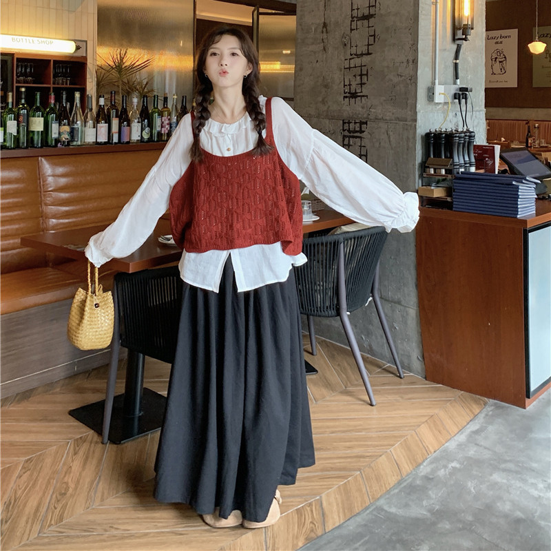 大码女装胖mm韩系复古镂空叠穿针织马甲背心女花边拼接衬衫套装潮