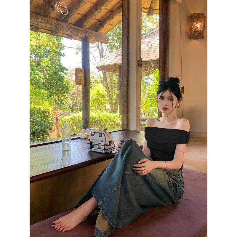 一字领性感露肩t恤女夏白色