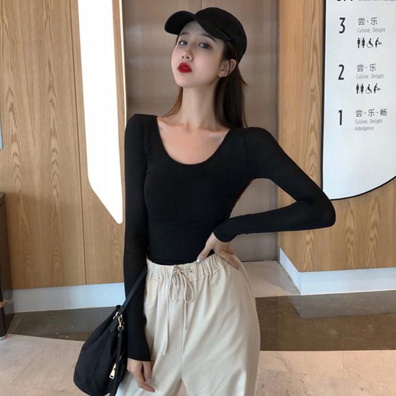 新品春夏纯棉低领打底衫女长袖t恤紧身内搭秋衣大领口u领显胸大上