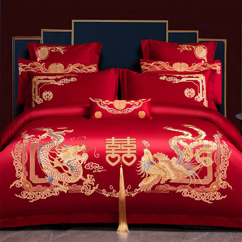 高档长绒棉婚庆四件套纯棉大红龙凤刺绣全棉床单被套结婚床上用品,床上用品,婚庆床品套件,淘宝优惠券,粉丝福利购,淘宝优惠卷